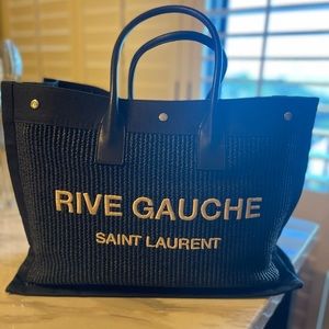 YSL Saint Laurent Rive Gauche Large Tote Bag in Embroidered Raffia and Leather.